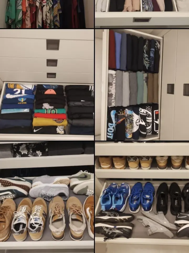 Closet com nichos, gavetas e sapatos organizados