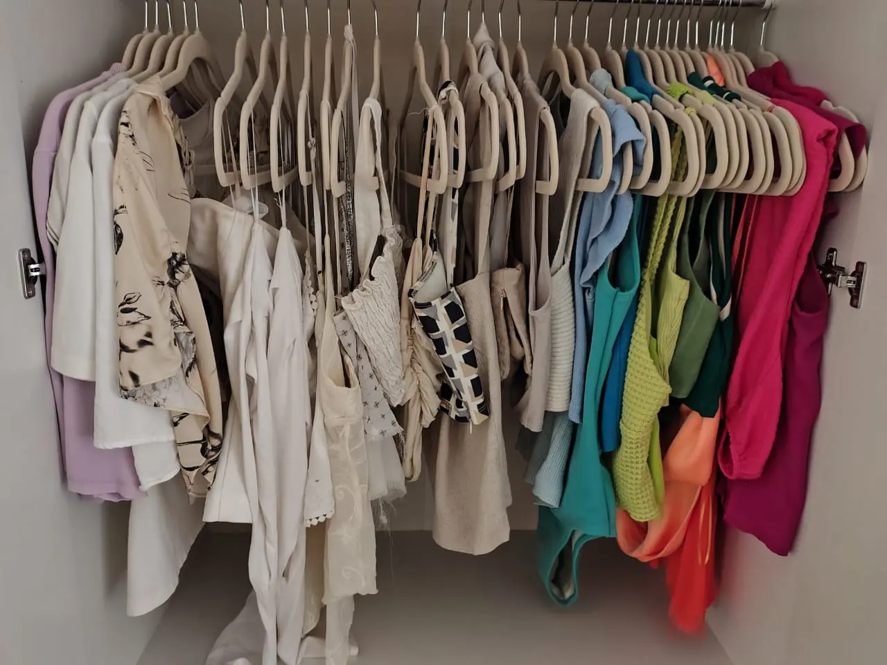 Blusas penduradas em cabides iguais, separadas por cor